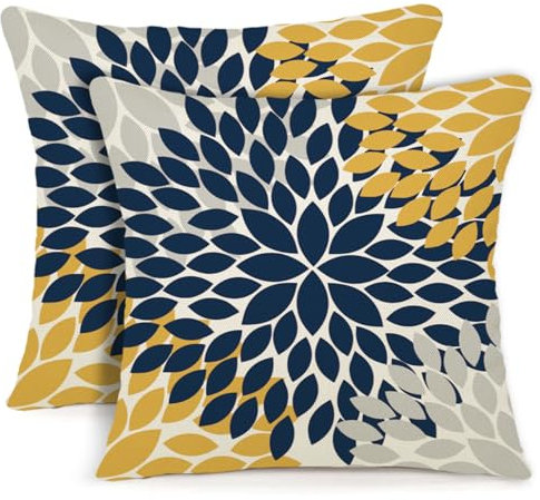 YCOLL Kissenbezug 50x50 2er Set Dekokissen Leinen Sofakissen Zierkissen Gelb und Blau Dahlie Kissenbezüge,für Sofa Schlafzimmer Wohnzimmer Outdoor Kissenhülle 50x50cm A251-20