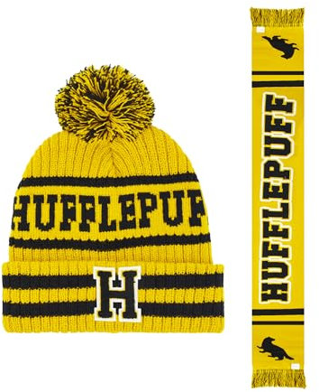 Concept One Damen Harry Potter Scarf Set, Hogwarts Collegiate Winter Knit Cap with Cuff and Pom Beanie-Mütze, Hufflepuff, Einheitsgröße