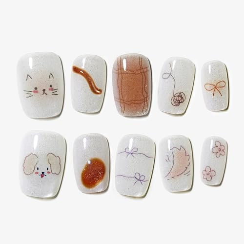 Sun&Beam Nails Handmade Press-on Short Square Silver Brown Hand-painted Cats Dogs Design Fashionable False Nail Tips 10 Pcs (#146 S)