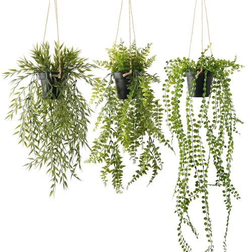 YVONNEYI 3 Pièces Plante Artificielle Tombante avec Pots, Plantes Artificielles Interieur pour Decoration Chambre, Fausse Plante Suspendue pour Maison Salle de Bain Bureaux Décoration