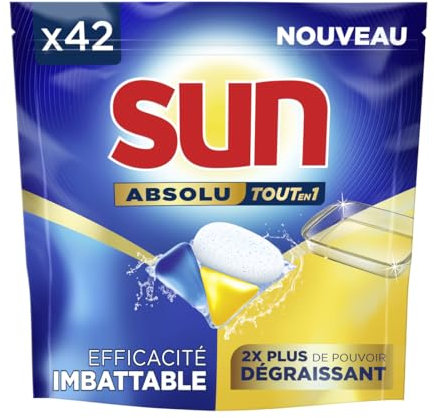 Sun Pastilles Lave-Vaisselle Absolu Tout-en-1 Dégraissant - 42 capsules - tablettes imbattables sur les taches tenaces - 2x plus efficace