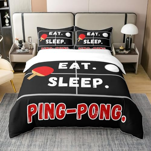 Loussiesd Essen Schlaf Ping Pong 100% Baumwolle Gaming Sports Bettwäsche Set 135x200cm Sportspiel Bettbezug Set Schwarz Rot Weiß Betten Set