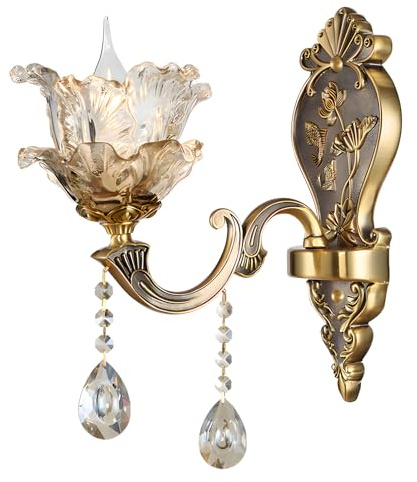 WayLuoung Vintage Floral Wandleuchte, 1 Kopf Kristallglasschirm Wandleuchte Retro-Goldene Bronzefarbe Dekoration Metall-Wandleuchte, Nachttisch Wohnzimmer Restaurant Treppen(E14 Sockel Ohne Glühbirne)