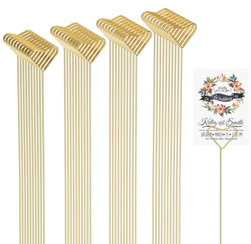 AMZLUV 42 Stück Blumen-Kartenhalter, goldfarbenes Metall, Blumenmuster, Tischkartenhalter, 32,5 cm, Foto-Memo-Halter, runder Draht, Bilder-Clips für Hochzeit, Party, Geburtstag, Basteln,