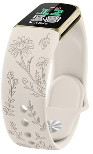 AK für Fitbit Charge 6/Fitbit Charge 5 Armband Damen Herren, Weiches Wasserdichtes Silikon Armbänder Gravierter Ersatzarmband mit floralem Muster für Fitbit Charge 5/Fitbit Charge 6
