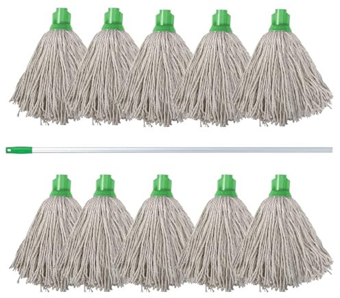 10 Swift PY Cotton Mop Heads and 1 Colour Coded Mop Handle (Green)