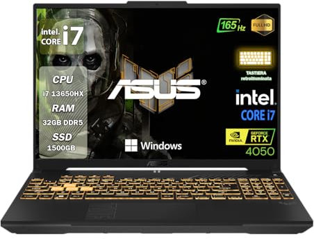 ASUS TUF F16, Notebook Gaming, Pc portatile i7 13650HX, RAM 32Gb DDR5, NVMe 1,5 Tb, Display 16 FHD 165Hz, NVIDIA GeForce RTX 4050 6GB, Tastiera retroilluminata, Windows 11 pro