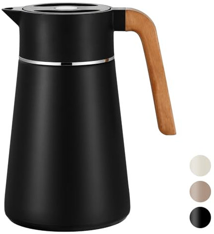 VETIN 1,5L Thermoskanne mit Teesieb, Teekanne mit Siebeinsatz Thermo, Kaffeekanne Thermo 304 Edelstahl Doppelwandige Vakuumisolierung, Isolierkanne mit Holzoptik Griff, 10h Hitze / 16h Kälte (Schwarz)