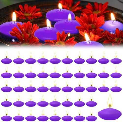 Hengrongshen 50 Stück Schwimmkerzen Lila, 3.5 cm Schwimmkerze Duftlose, Rauchfrei & Tropffreie, Wasserkerzen für Valentinstag, Erntedankfest, Hochzeit, Urlaub, Partys und Heimdekoration (Lila)