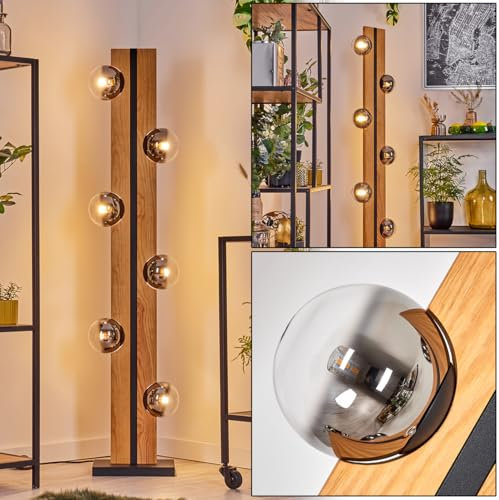 HOFSTEIN Stehleuchte Chehalis, 6-flammige Stehlampe aus Holz/Metall/Glas in Natur/Schwarz/Chrom-/Rauchfarben/Klar im Retro/Vintage-Design, 120 cm, G9, Fußschalter - Wohnzimmer, Schlafzimmer, Esszimmer