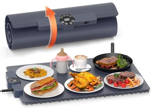 INNOWARMER Food Warming Mat,Rollable & Portable Electric Warming Tray,Electric Food Warmer with 5 Temperature,Timer Function and Safety Lock,Silicone Food Warmer for Parties,Gatherings,Buffet (Black)