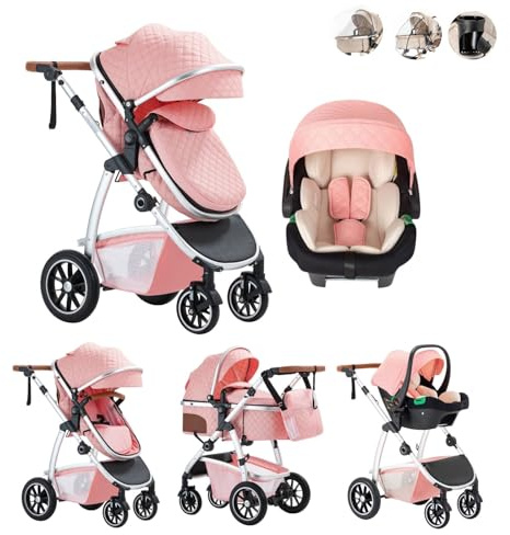 Kakbgee 3-in-1 Buggy Kinderwagen, Klappbar Reisebuggy mit ECE R129 Babyschale, Kinderwagen mit Höhenverstellbarem Griff, Kinderbuggy mit Aluminium-Rahmen, Stroller Baby mit Regenverdeck, für 0-4 Jahr