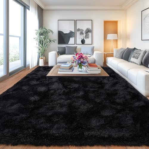 Chicnix Teppich Wohnzimmer 240x340 Langflor, Extra Großer Wohnzimmerteppich Shaggy, Weich Anti Rutsch Teppich Flauschig für Schlafzimmer Kinderzimmer Teenager Schlafsaal, Schwarz
