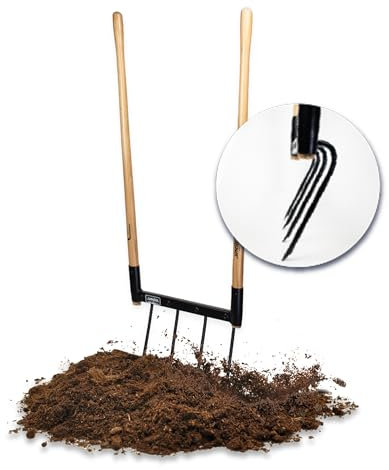 De Woeler DW4 Broadfork – Grabegabel mit 4 Edelstahlzinken (34 cm), ergonomischer FSC-Holzgriff, zur Bodenbelüftung & Beetpflege, Robustes Gartengerät für lockeren Boden