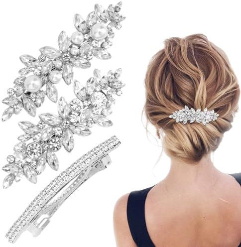 CULEO Pinzette per capelli Confezione da 3 forcine per capelli con strass, forcine per capelli da sposa in argento, forcine per capelli con perle di cristallo, copricapi floreali da sposa