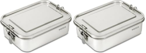 wenco Lunchbox aus Edelstahl, Mit 2 Fächern, Brotdose groß mit 850ml Fassungsvermögen, Wasserdicht, Spülmaschinengeeignet, inkl. Ersatz-Silikonring, 18,5 x 14 x 5,5 cm, Silber (Packung mit 2)