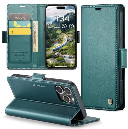 Rerzoiro for iPhone 16 Pro Case 6.3 Inch, Premium PU Leather Wallet Case Flip Cover with [RFID Blocking][Card Holder][Stand Function] Shockproof Protective for iPhone 16 Pro, Blue-Green
