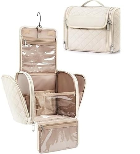 Kulturbeutel zum Aufhängen, Groß Kulturbeutel Damen Gross Make-Up Organiser Kosmetiktasche kulturbeutel Waschtasche für Frauen & Mädchen mit drehbarem Metallhaken, Weiß