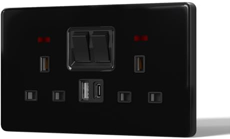BSEED Double Plug Socket with 20 W USB-C Fast Charging,Switched Wall Plug,Indicator Light,Glass Panel,UK Standard Electric Power,2 Gang with 20W USB A+C,146mm Black