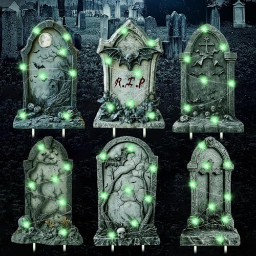 6 Stück Halloween Deko Grabsteine mit 6 Lichterketten 3m XXL Outdoor Deko RIP Deko für Garten Hof Party