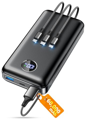 Portable Charger Power Bank, 60000mAh Battery Pack with 3 in 1 USB-C/iOS/Micro-USB Cable, 22.5W Fast Charging Portable Phone Charger, Travel Camping Essential Powerbank for iPhone 17/16 Samsung,Ebony