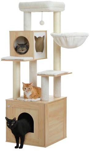 PAWZ Road Wood Cat Tree Tower 146cm with Litter Box Enclosure Large | 57.5 Cat Tower for Indoor Cats with Storage Cabinet, Cozy Condo, Sisal Scratching Post and Repalcable Dangling Balls, Beige