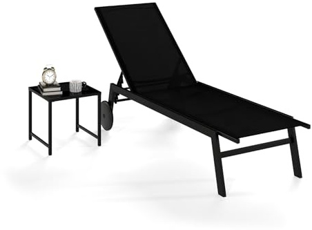 GOPLUS Tumbona de Patio con Mesita, Conjunto de Sillas Reclinables para Exterior con Respaldo de 6 Posiciones y Ruedas Incorporadas, Conjunto de 2 Muebles para Jardín o Piscina (Negro)
