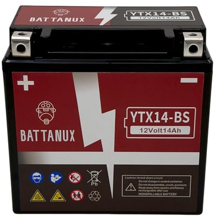 Battanux YTX14-BS Batterie Moto 12V14Ah AGM – Haute Capacité, Sans Entretien, Anti-Fuite, Prête à l’Emploi pour Moto, ATV & UTV