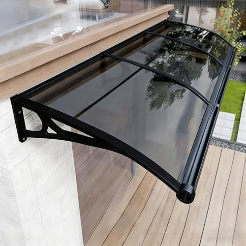 Pensilina con Grande del Lavandino Tettoia【ERRTSDB coperture per tettoie esterne 60x170cm, Nero+Grigio Scuro】Pensilina per Porta in Policarbonato e Alluminio per Patio, Porta, Finestra