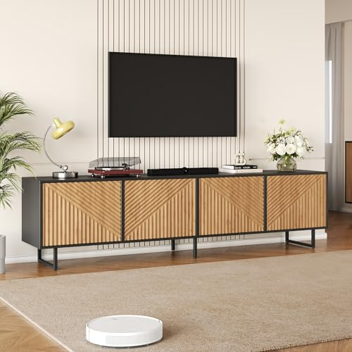 Jaxenor 180cm TV Cabinet with 4 Cabinets, TV Stand with Diagonal Fluted Doors, Cable Management, TV Unit with Entertainment Center for Living Room, Bedroom, Supports TVs Up to 80 Inches, Black+Wood