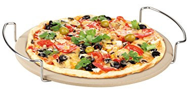 Genius BBQ Pizza-Stein mit Halter Pizza-Ofen Stein-Ofenplatte rund Ø 32 cm - Ideal für Pizza Brot Flammkuchen