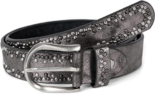 styleBREAKER Nietengürtel mit mehrfarbigen kleinen Nieten, Gürtel Kunstleder Einfarbig, kürzbar, Hüftgürtel Unisex 03010071, Farbe:Antik-Grau, Größe:105cm