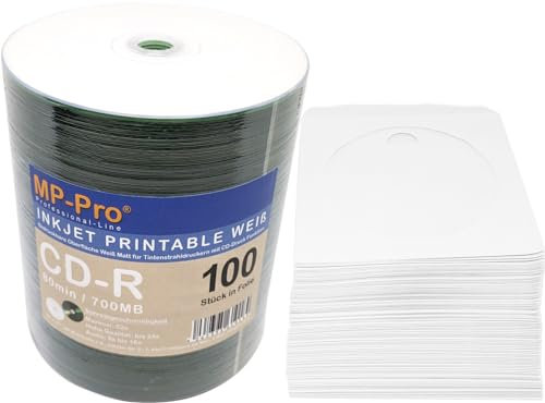 CD-R Rohlinge 80min/700MB mit bedruckbarer Oberfläche weiß für Tintenstrahldrucker - 100 Stück in Folie + 100er Pack CD Fensterpapierhüllen