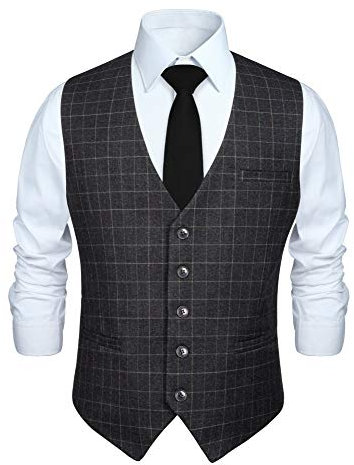 HISDERN Manner Schwarz formale Hochzeitsfeier Weste Baumwolle Plaid graues Kleid Anzug Weste