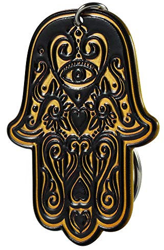 KADAX Schlüsselanhänger, Hamsa Design, Anhänger aus Stahl, Accessoire für Rucksack, Handtasche, Schlüsselhalter mit Metallhaken (Gelb/Schwarz)