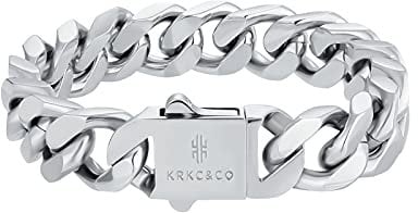 KRKC&CO 14mm Cuban Armband Herren, Weißgold beschichtet Panzerkette Cuban Link Armband, Kubanische Gliederarmband Cuban Chains, Herren Silber Armband Edelstahl, Hip Hop Armband für Herren Jungen 19cm