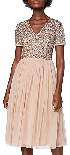 Maya Deluxe Abendkleid mit Pailletten - Cocktailkleid Damen mit V-Ausschnitt - Tüllkleid Damen mit Kurzen Ärmeln