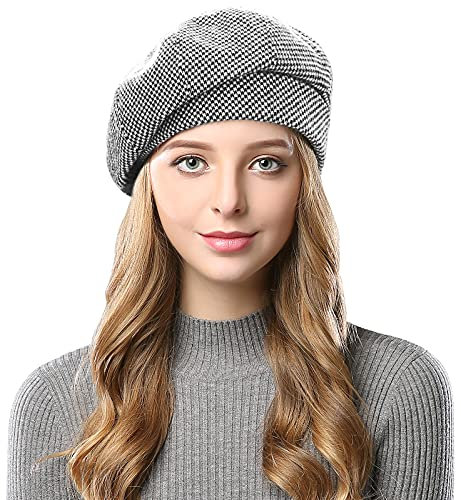 Wantonfy Damen Barett Wolle Baskenmütze Hahnentrittmuster Britischer Stil Vintage Barette Mütze Mode Lässige Wintermütze für Herbst Winter