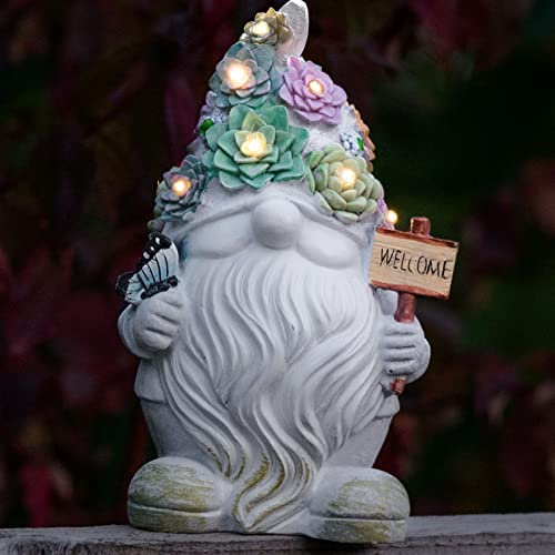 GloBrite Solar Garden Gnome Statue Light with Welcome Sign - Long Bearded Tomte Christmas Gnome Holding Welcome Board with Solar LED Lights Decor for Patio Lawn Outdoor Gardening Ornaments Gifts