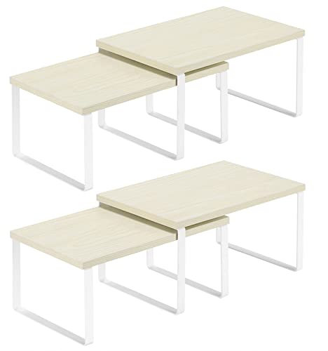 4-Pack Wooden Kitchen Shelf Organizer for Cabinet, Expandable & Stackable Counter Cupboard Organiser, Storage Rack for Bathroom, Kitchen, Laundry Room Beige