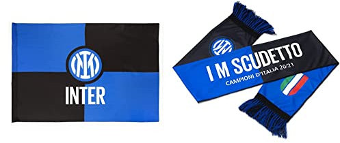 Inter Bandiera Nuovo Logo 100x140cm, Unisex Adulto, Nero/Blu, 100x140 & Sciarpa I M Scudetto 20-21, Campioni d'Italia, Poliestere, Unisex Adulto, Nero/Blu, Taglia Unica