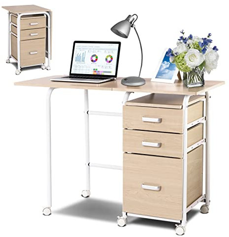 Multigot 2-in-1 Folding Computer Table, Mobile Laptop Workstation with 6 Wheels & Storage Shelves/3 Drawers, Home Office Working Study Desk (Oak, 105 x 50 x 75cm)