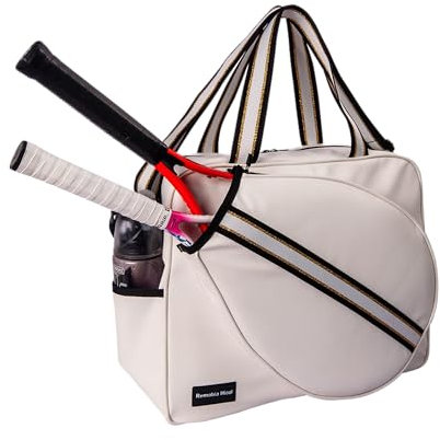 Remobia Hicol White PU Leather Women Large Sports Handbag Tennis Racket Shoulder Bag Tennis Tote Bag for 2 Rackets, with Water Bottle Holder