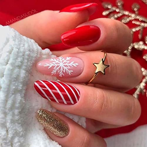 Vatocu Weihnachten Nägel Zum Aufkleben Kurz Rot Nackt Künstliche Nägel Schneeflocke Linien Falsche Nägel Pailletten Schneemann Xmas Acryl Press on Nails für Frauen(24 Stück)(A)