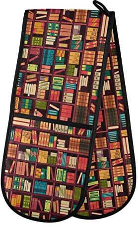 Lange Doppel-Ofenhandschuhe, Vintage-Bücherregal, hitzebeständig, gesteppt, Küchen-Ofenhandschuhe mit Schlaufe, waschbar für Mikrowelle, Kochen, Backen, Grillen, Grillen, 17,8 x 88,9 cm