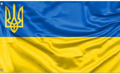 Ukraine-Flagge mit Wappen in der Ecke | einzigartiger Designdruck | Made in EU (90x150cm)