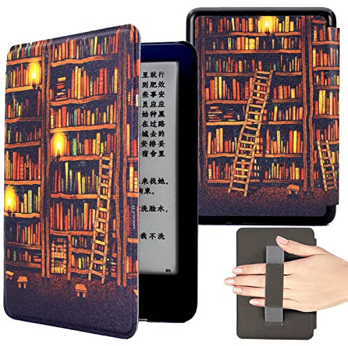 KEROM 6,8'' Kindle Paperwhite 11. Generation Hülle 2021 (Modellnummer: M2L3EK/M2L4EK), PU Leder Schutzhülle mit Handschlaufe und Auto Schlaf/Wach Funktion, Bibliothek