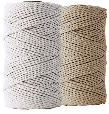 LEDENT Makramee Garn (3mm, 2 x 120M, Set 2 Farben, Ecru & Sand) - Doppelt gedrehtes Seil aus 100% Recycelter Baumwolle zum Basteln - Dickes Makramee Garn für kreative Projekte