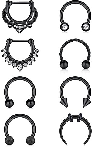 Longita Septum Piercing 16G Chirurgenstahl Hufeisen Segment Clicker Septum Ring Piercing Nase Lippe Helix Knorpel Conch Piercing Ohr 8 Stück Schwarz