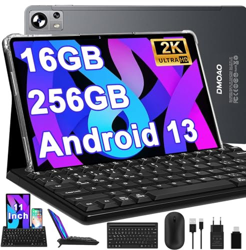DMOAO Tablet 11 Pulgadas Android 13 con Triple Cámara(13MP+5MP+2MP), 2K FHD Tablet con IPS 2000 * 1200, 16GB RAM 256GB ROM(1TB Ampliable), 5G Wi-Fi, 2.0 GHz, BT 5.0, 8600 mAh, Teclado, Gris